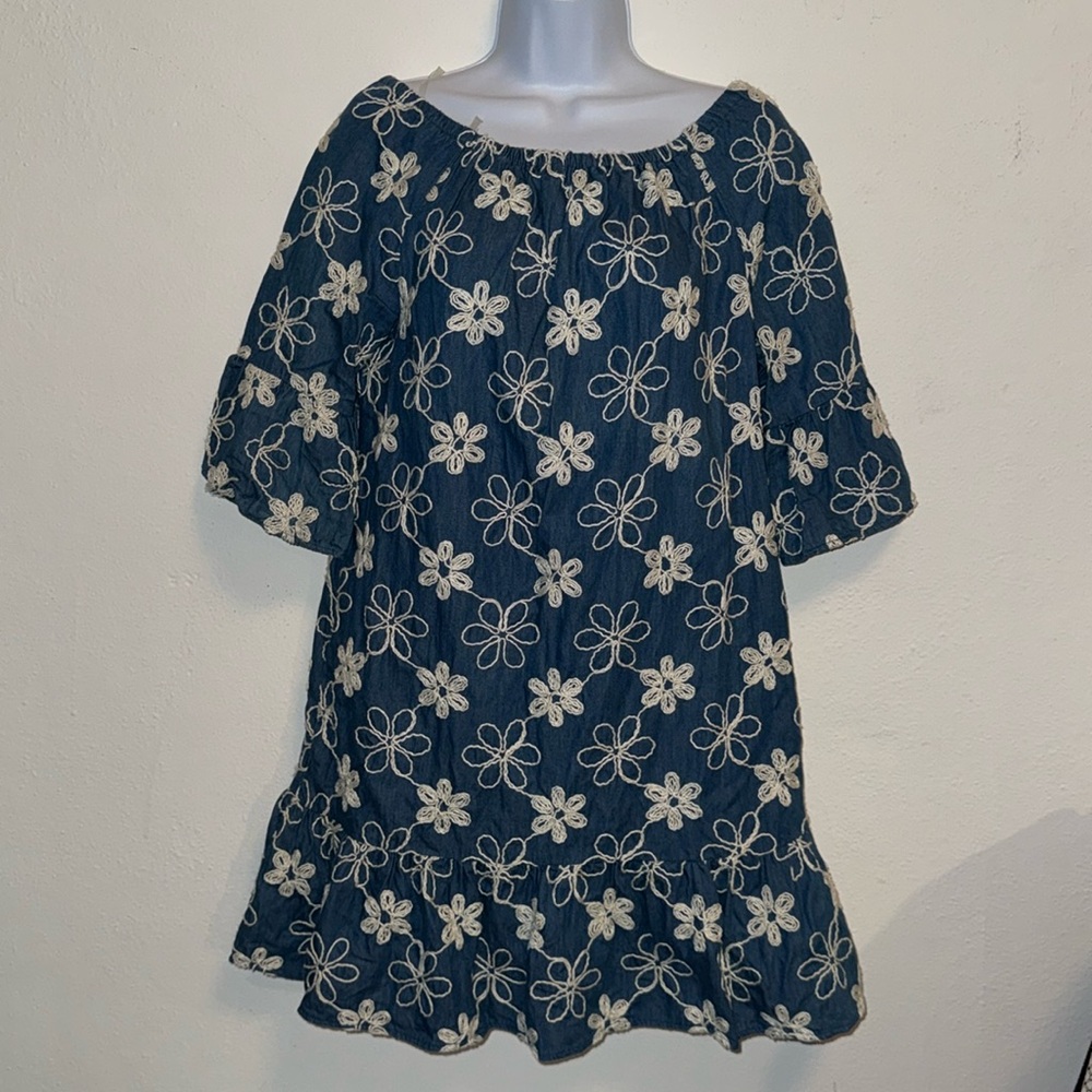 Beige by Eci Denim Embroidered of Shoulder Dress.